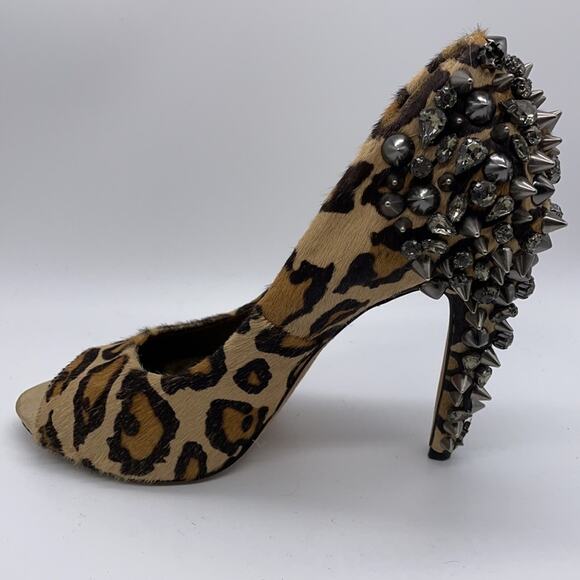 Sam Edelman Lorissa Heels Leopard Print Stud Spiked Pony Hair Peep Toe Size 6 - Picture 5 of 13